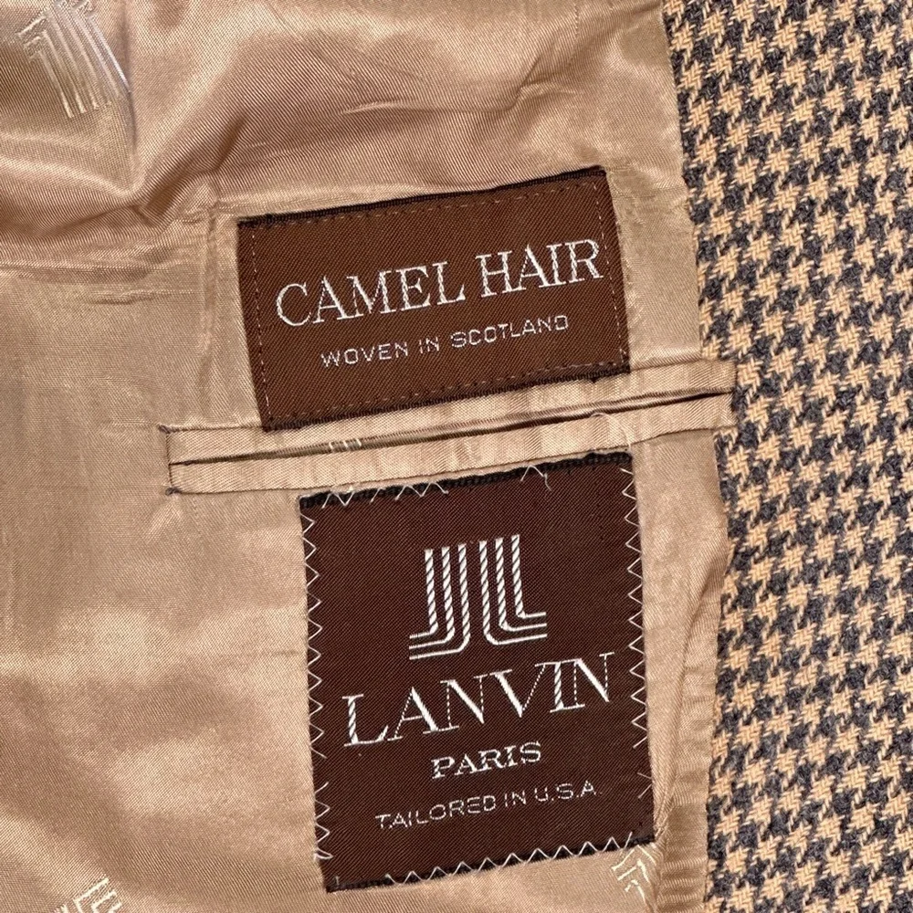 Lanvin Vintage Sport Coat Bonwit Teller Camel Hair Houndstooth Tan 40R